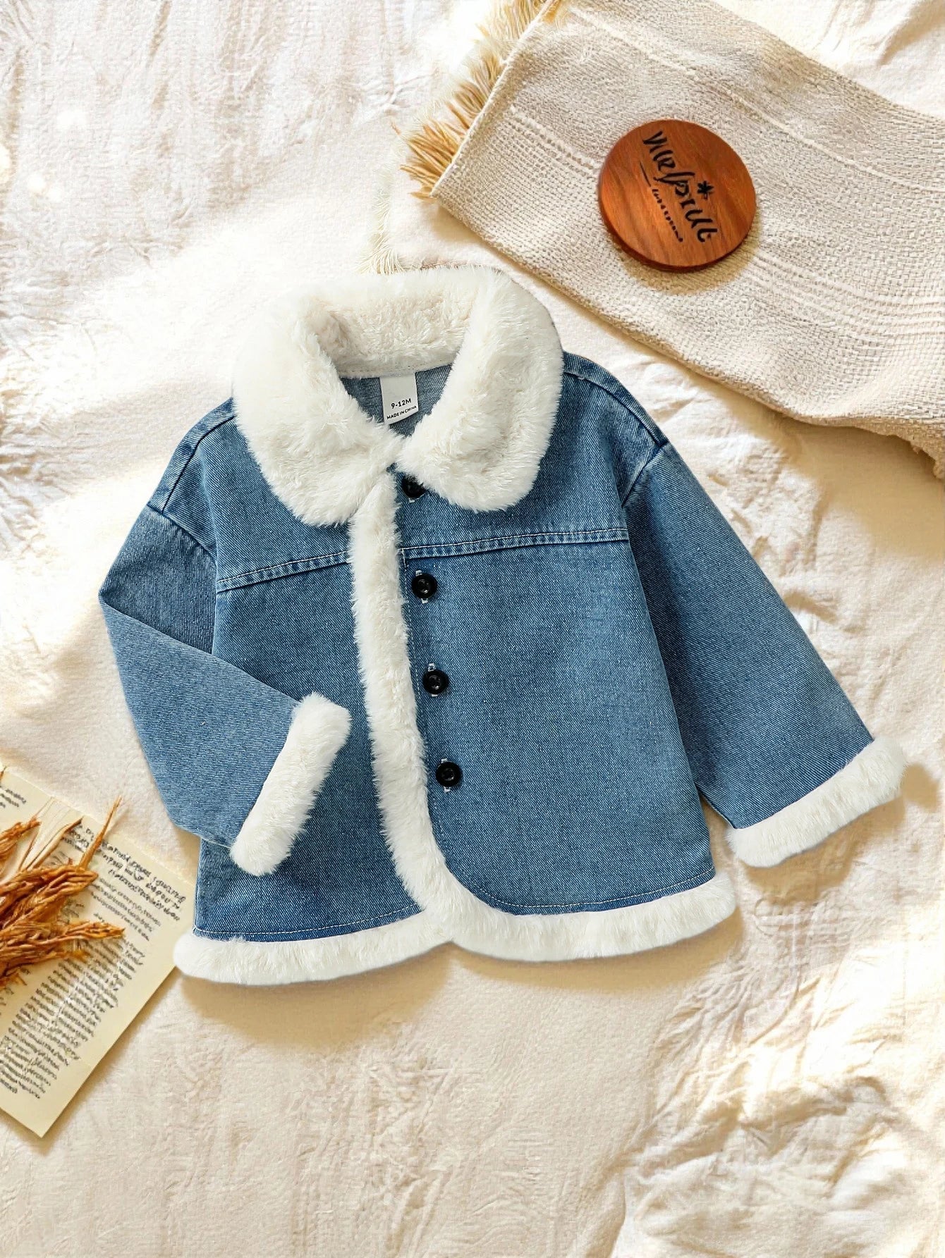 Baby Girl Fleece-Lined Denim Jacket with Button Front – Cozy Winter Coat (6 Months–3 Years)