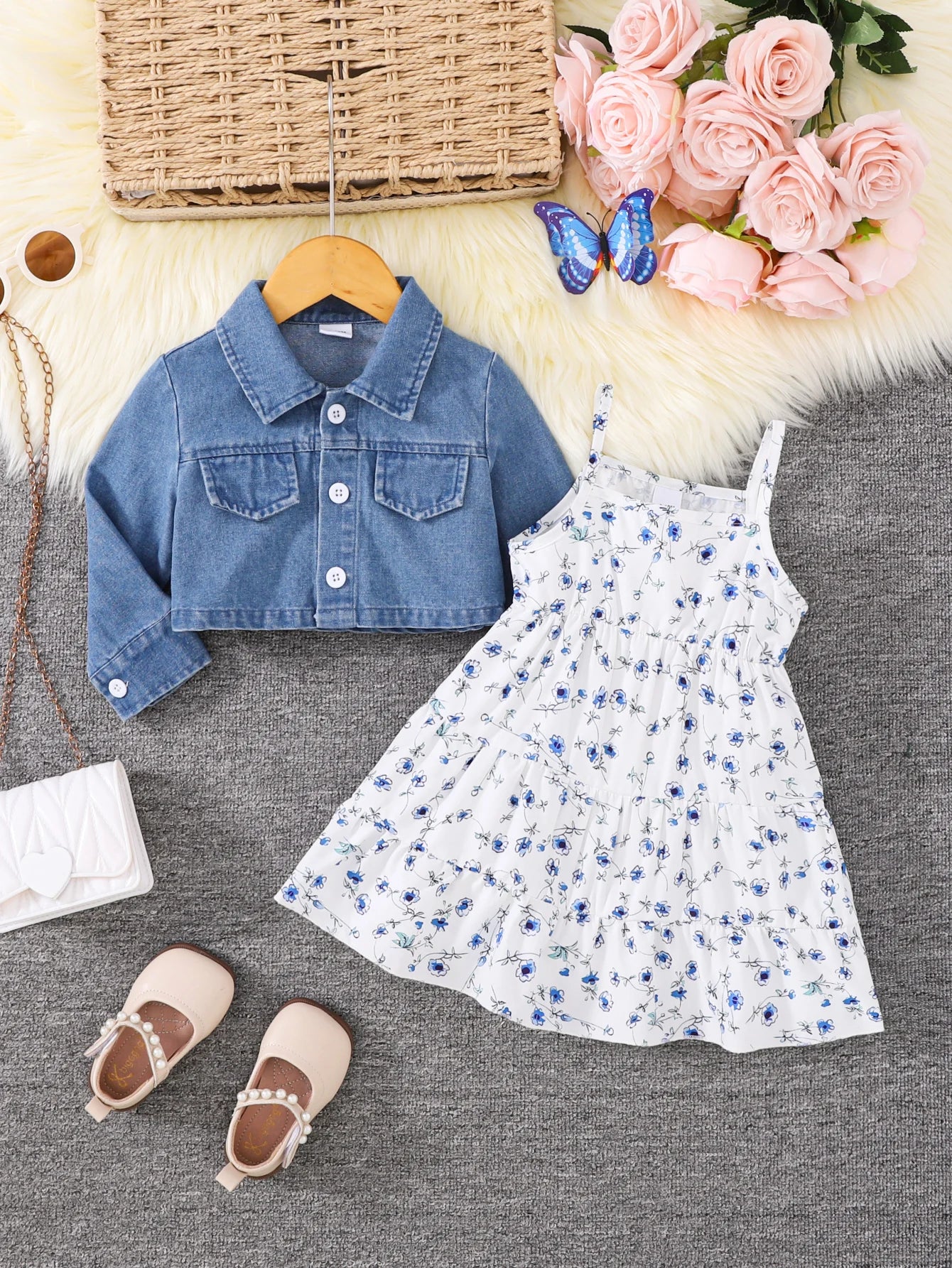 denim shirt dresses for women Cropped Denim Jacket & Blue Floral Tiered Dress Set