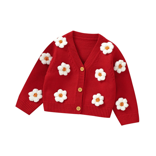 3D Daisy V-Neck Knit Cardigan for Baby Girls