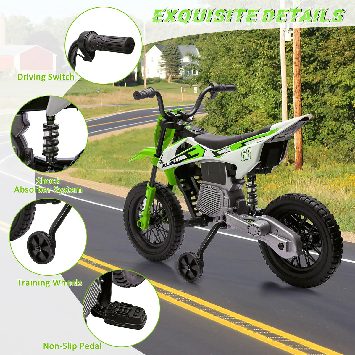 12V Electric Dirt Bike for Kids with Training Wheels & Bluetooth