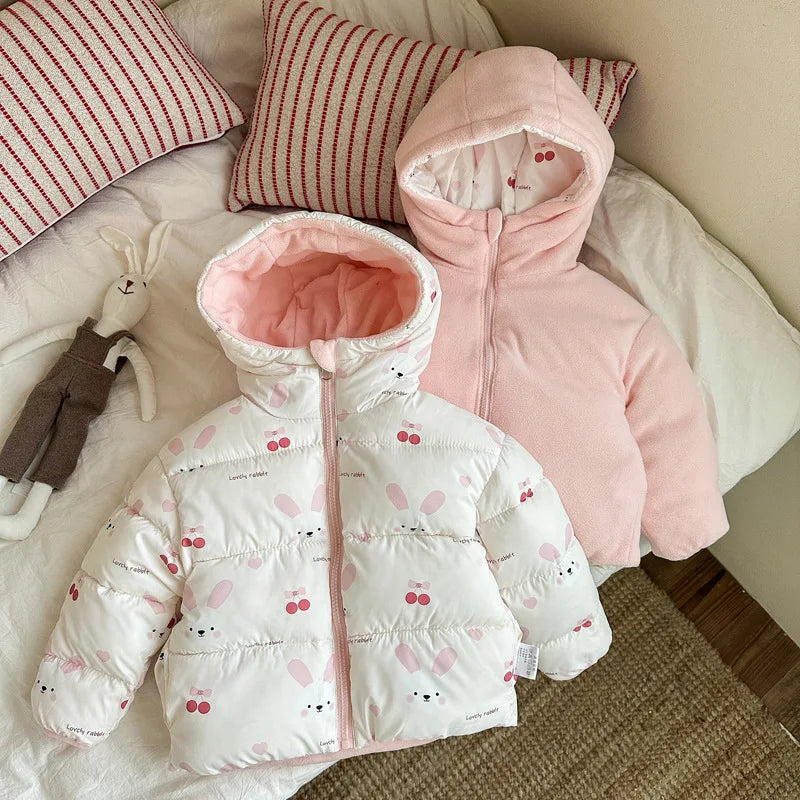 Reversible Bunny Print Hooded Puffer Jacket for Girls