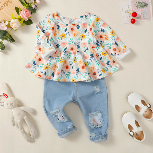 Floral Peplum Top & Distressed Denim Set for Girls