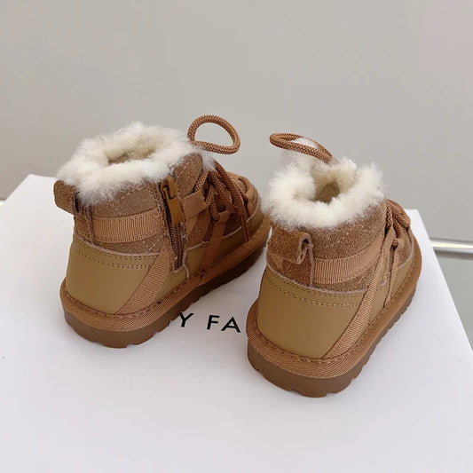 Fluffy-Collar Lace-Up Winter Ankle Boots for Kids