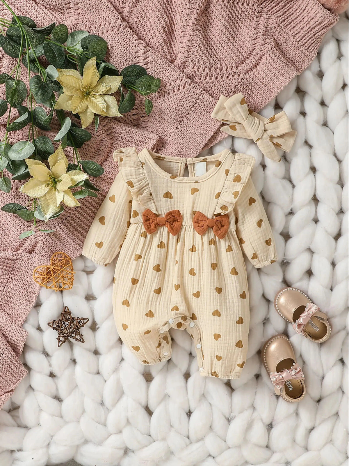 Bow-Detail Textured Cotton Romper & Headband Set for Baby Girls