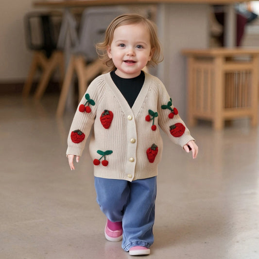 Cherry Knit Button-Up Cardigan for Toddlers and Kids – Soft V-Neck Sweater