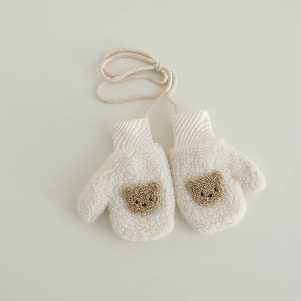 Cozy Teddy Bear Winter Mittens with Strap (Ages 3–7)