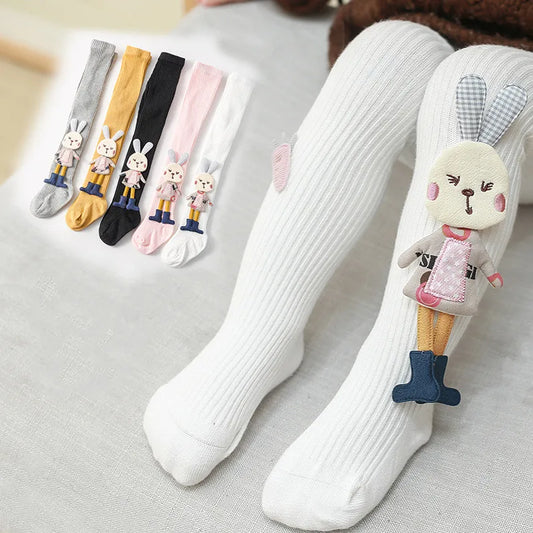3D Bunny Appliqué Ribbed Tights for Girls