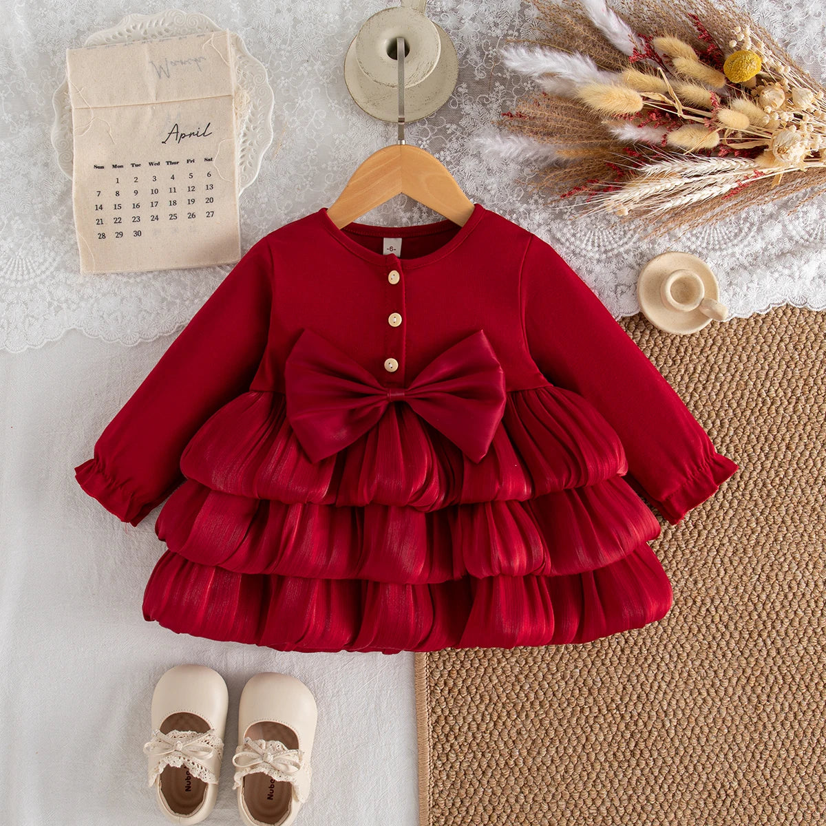 Oversized Bow & Tiered Ruffle Baby Girl Party Dress