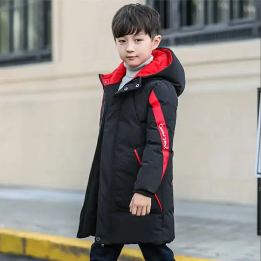Contrast-Panel Longline Hooded Winter Coat for Boys
