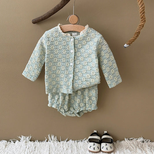 Textured Floral Button Top & Bloomer Set for Girls