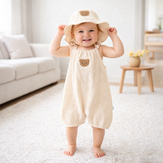 Sleeveless Cotton Gauze Baby Romper Set with Hat – Lightweight Summer Crawling Suit