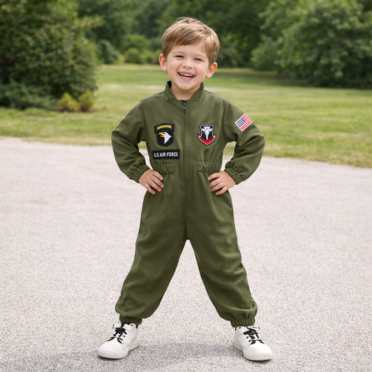 Toddler Boys’ Pilot Jumpsuit – Army Green Long Sleeve Romper (4-5 Years)