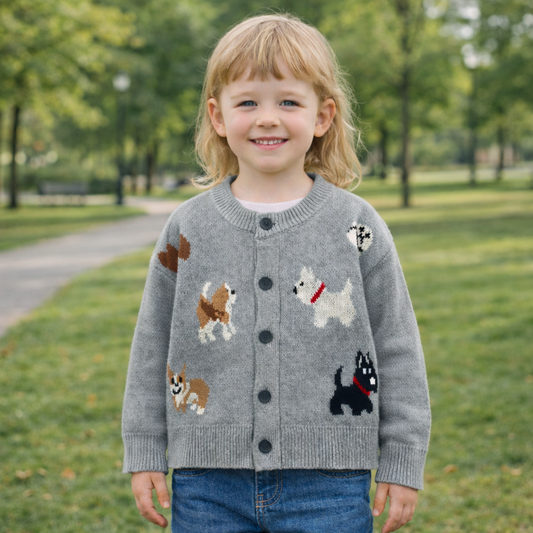 Unisex Kids Dog Knit Cardigan Sweater (18–24 Months to 8 Years) – Button-Front, Cozy Crew Neck