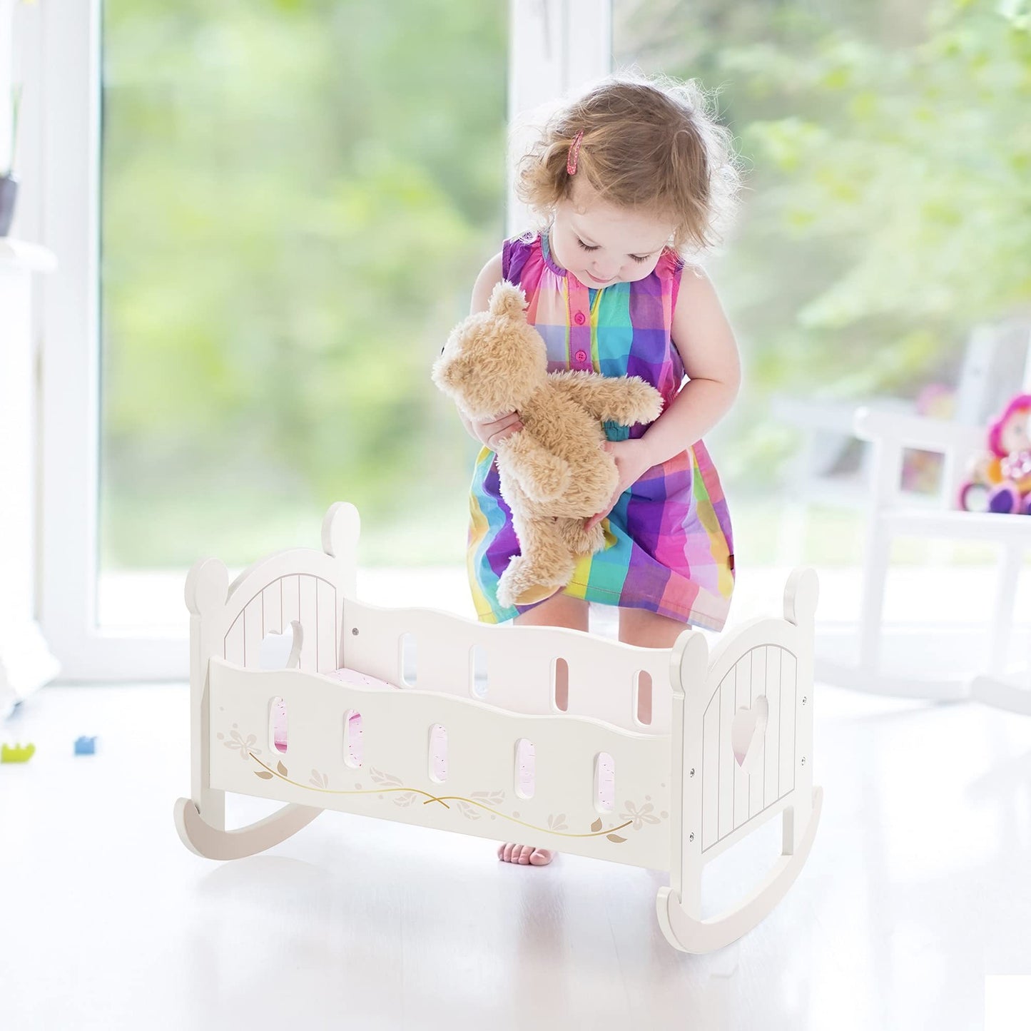 ROBOTIME Wooden Doll Cradle – Rocking Reversible Doll Bed (Fits Dolls up to 18")