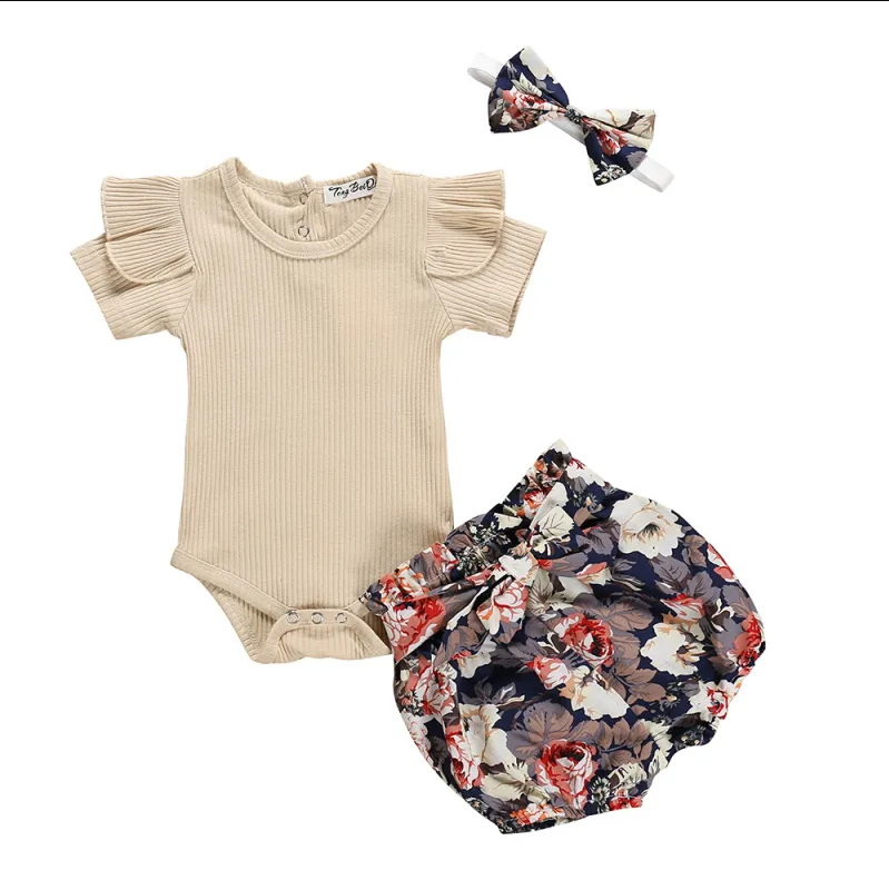 Baby Girl Ribbed Flutter-Sleeve Romper & Bow-Waist Bloomer Shorts Set — Floral, Plaid & Heart Prints