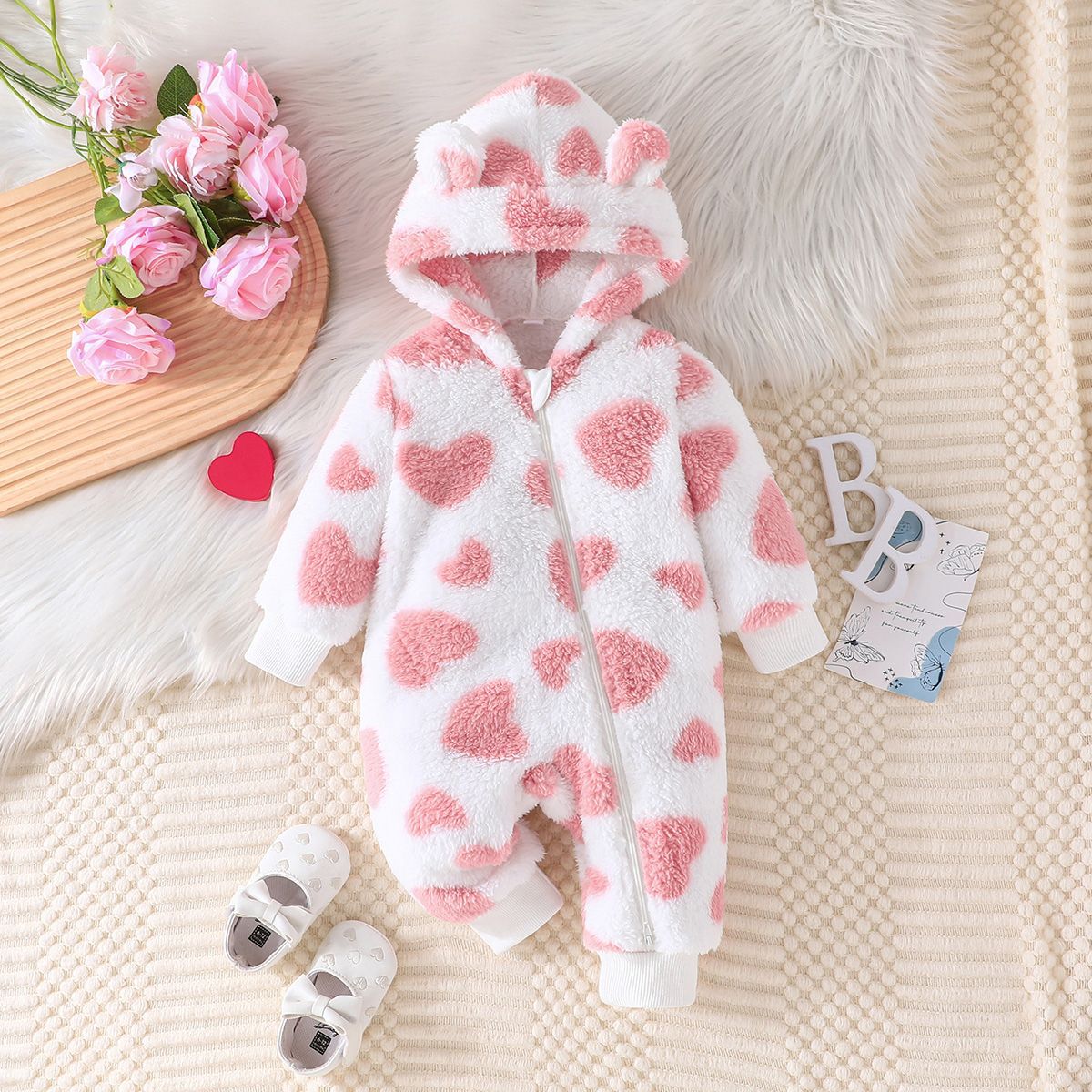 Heart Print Hooded Plush Baby Romper (Zip-Up)