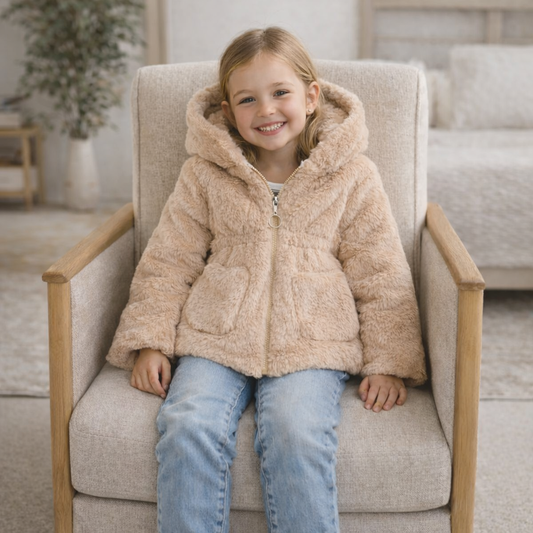 Baby Girls Sherpa Hooded Winter Coat with Pockets – Soft Plush Zip-Up Jacket