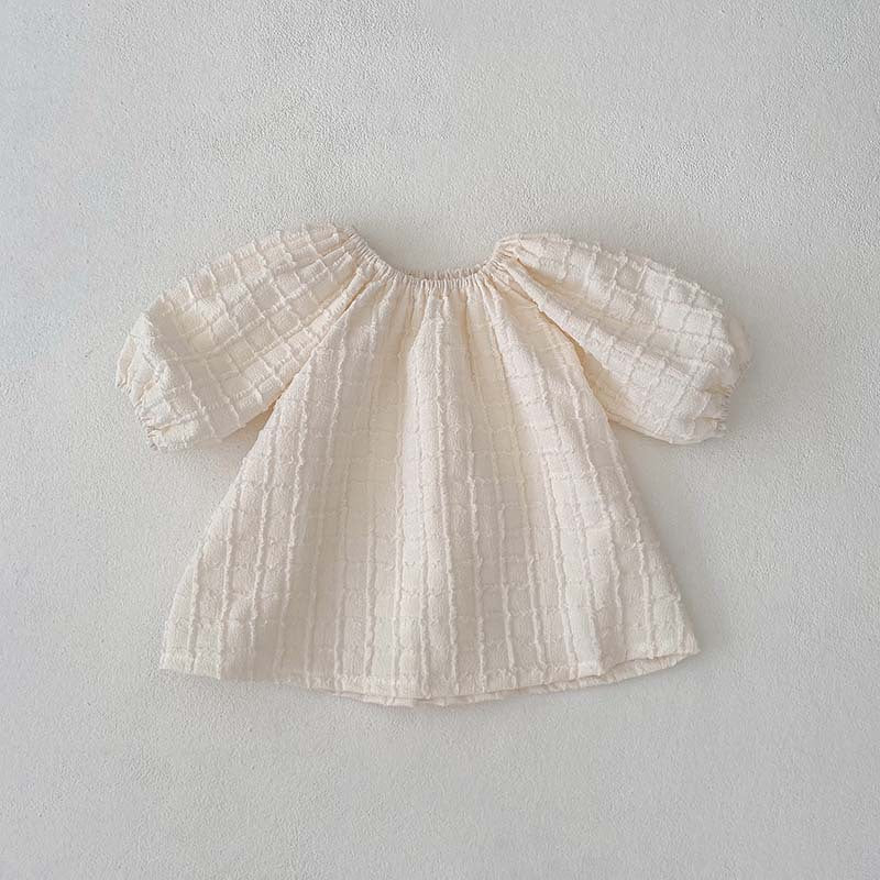 Girls' Textured Puff-Sleeve Romper & Dress Set – Soft Cotton Plaid for Babies & Toddlers