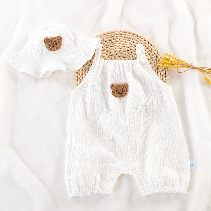 Sleeveless Cotton Gauze Baby Romper Set with Hat β Lightweight Summer Crawling Suit