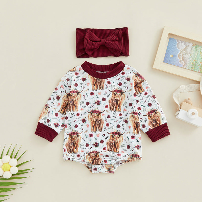 Baby Girl Printed Sweatshirt Bubble Romper & Bow Headband Set – Long Sleeve, Sizes Newborn–24 Months