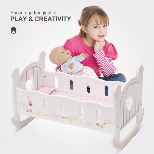 ROBOTIME Wooden Doll Cradle – Rocking Reversible Doll Bed (Fits Dolls up to 18")