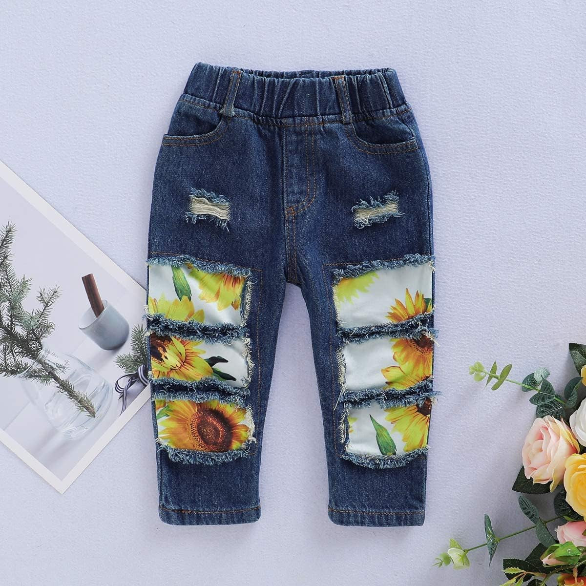 Sunflower Outfit Set – Ruffle Top + Distressed Jeans + Headband (3-Piece)