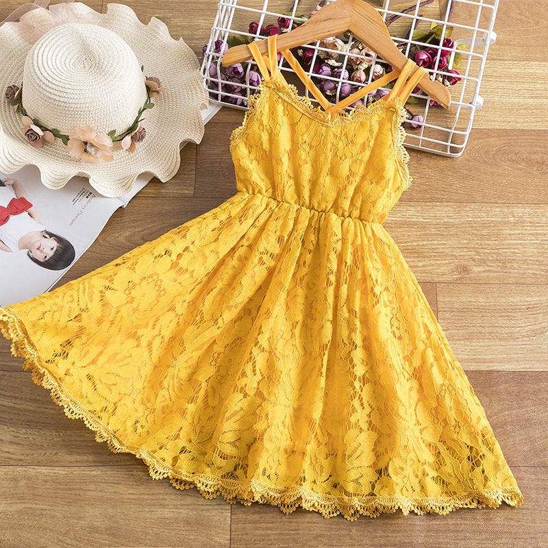 Girls' All-Over Lace Spaghetti Strap Dress – Floral Cutout, Full Skirt, Sizes 3–8