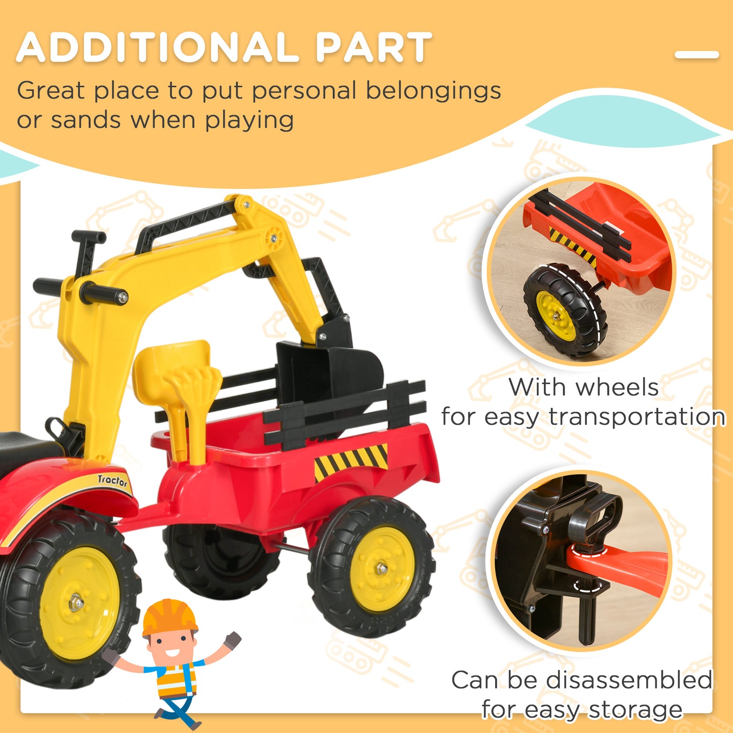 Kids Pedal Excavator Ride-On Toy With Detachable Trailer – Ages 3-6