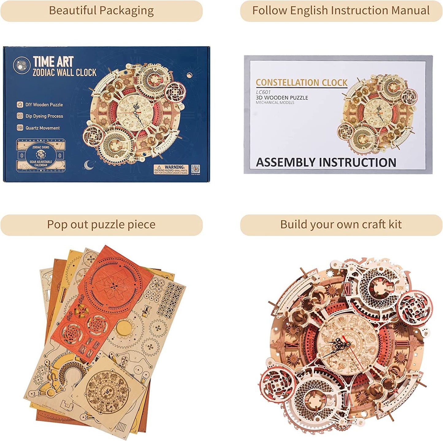 ROKR Zodiac Wall Clock – 3D Wooden Puzzle Model Kit (168 Pieces)