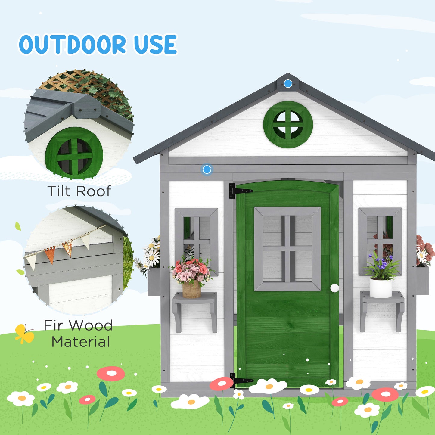Wooden Outdoor Playhouse for Kids – Doors, Windows & Planter Boxes, Ages 3-8, White