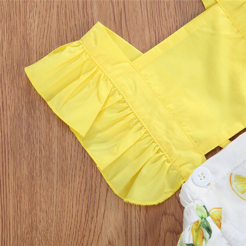 Baby Girl's Lemon Print 3-Piece Summer Set | Ruffle Top, Layered Bloomer Skirt & Headband