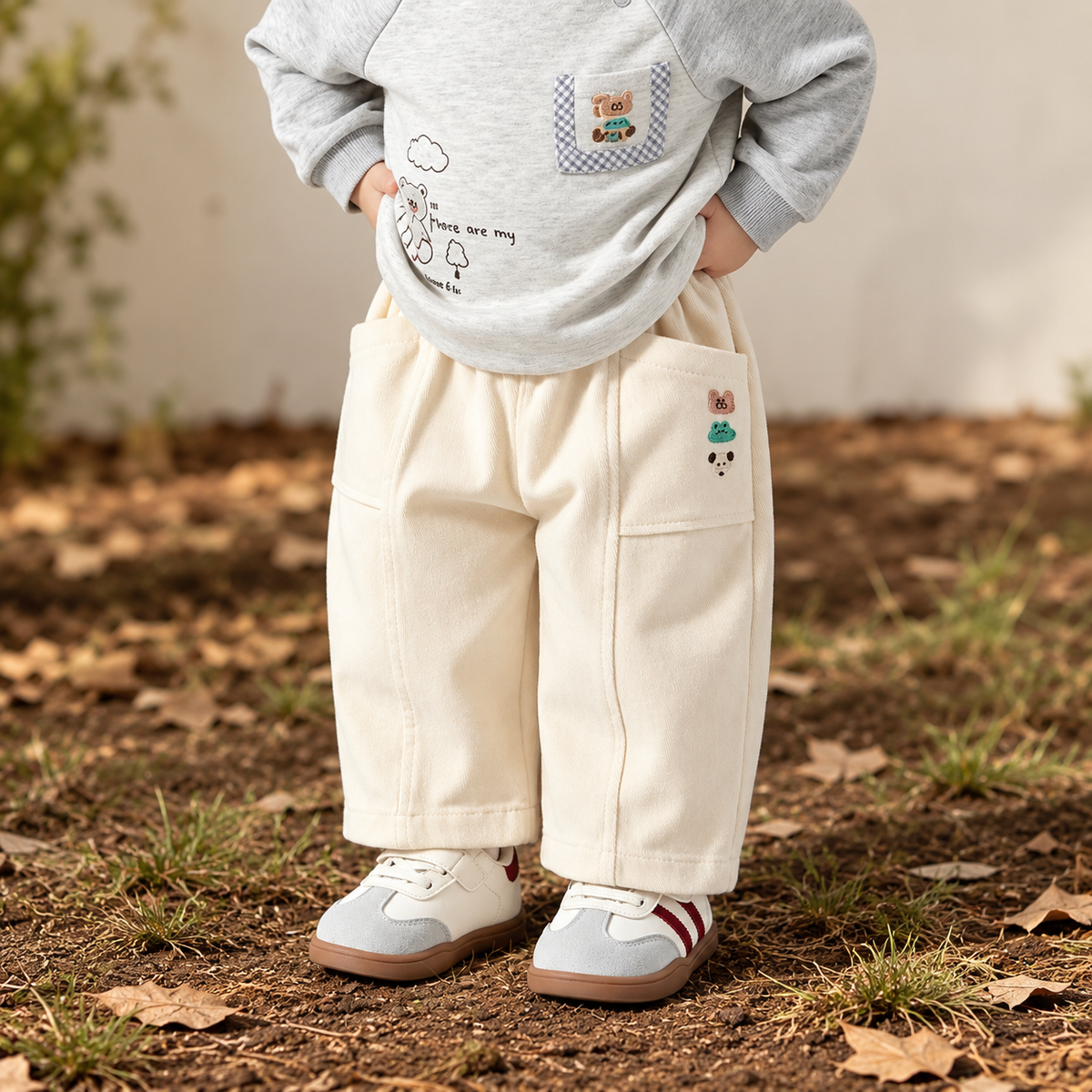 Pet-Embroidered Pocket Cotton Pants for Babies & Toddlers