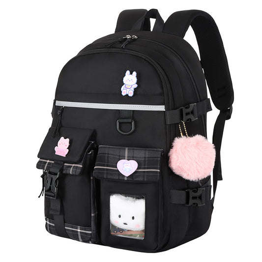 Cute Lightweight Kids School Backpack with Pockets + Pom-Pom Charm (Nylon)
