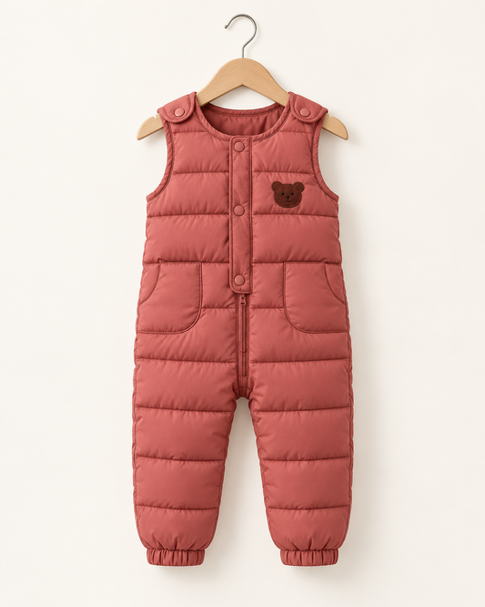Quilted Puffer Overalls with Bear Patch for Toddlers & Kids