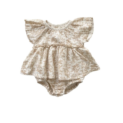 Baby Girl Muslin Floral Bubble Romper Dress – Gauze Cotton, Flutter Sleeves, Sizes 0–24 Months