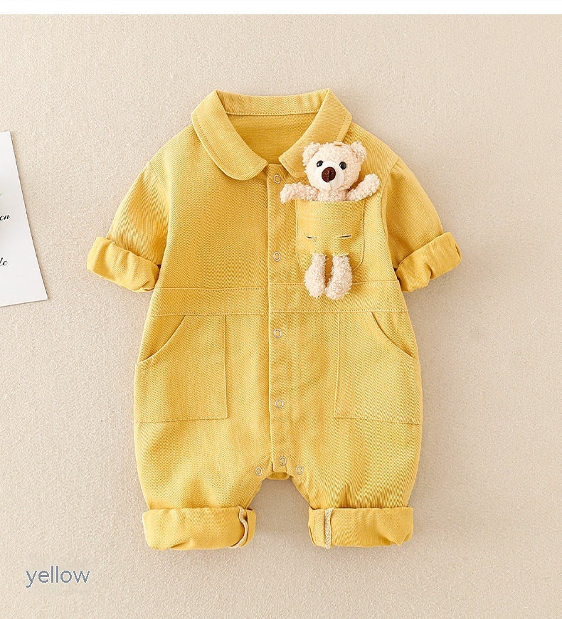 Baby Denim Jumpsuit with Teddy Bear – High-Quality Cotton Romper for Infants
