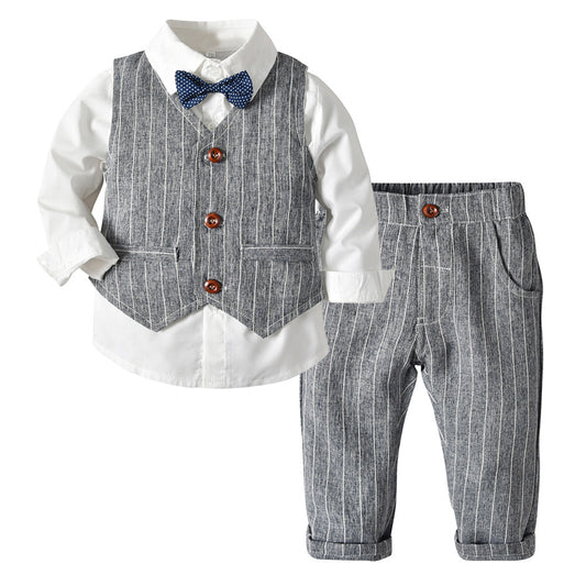 Boys' Long-Sleeve Shirt, Textured Waistcoat & Trouser Set | 3-Piece Bow Tie Suit in Stripe, Plaid & Solid