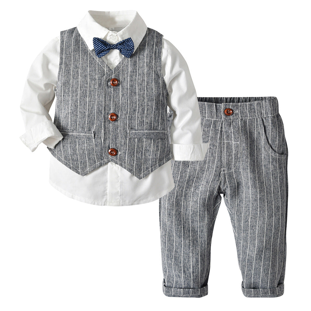 Boys' Long-Sleeve Shirt, Textured Waistcoat & Trouser Set | 3-Piece Bow Tie Suit in Stripe, Plaid & Solid