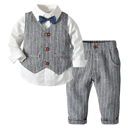 Boys' Long-Sleeve Shirt, Textured Waistcoat & Trouser Set | 3-Piece Bow Tie Suit in Stripe, Plaid & Solid