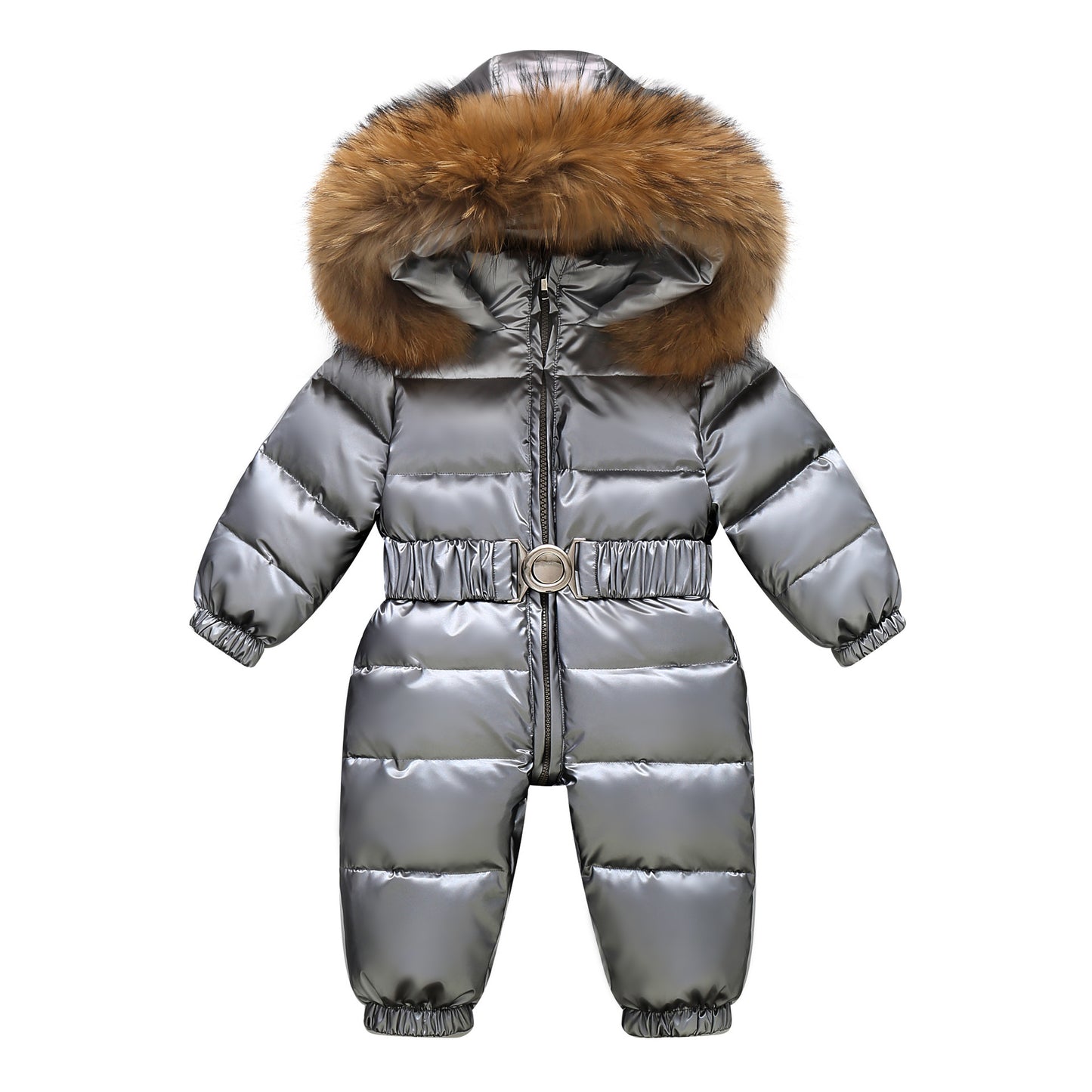 Girls’ Hooded Faux-Fur Snowsuit – Puffer-Style One-Piece Winter Jumpsuit with Belt