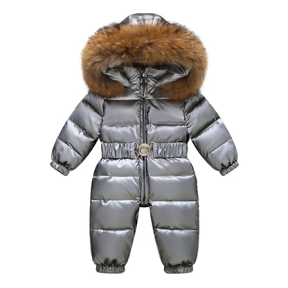 Girls’ Hooded Faux-Fur Snowsuit – Puffer-Style One-Piece Winter Jumpsuit with Belt