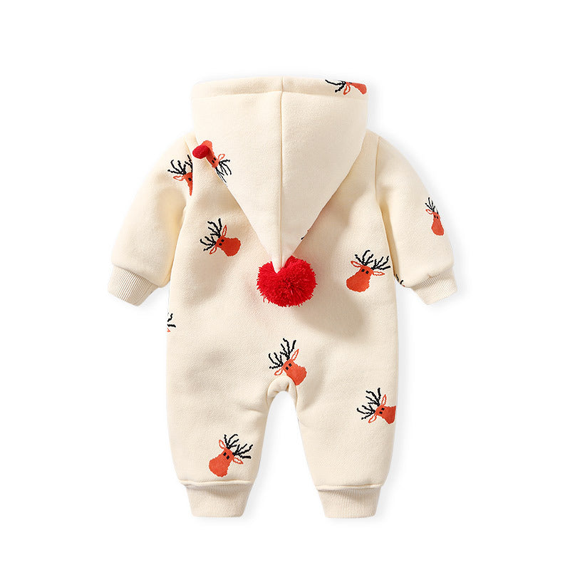 Cozy Reindeer Hooded Baby Snowsuit – Plush Zip-Up Winter One-Piece for Babies