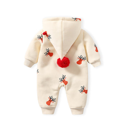 Cozy Reindeer Hooded Baby Snowsuit – Plush Zip-Up Winter One-Piece for Babies