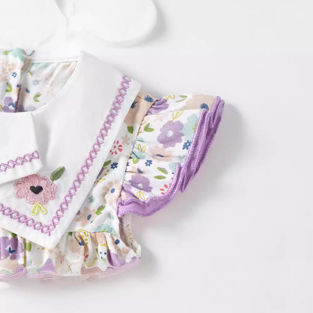 Embroidered Sailor Collar Flutter Romper – Baby Girl Floral & Polka Dot Summer Bubble Suit