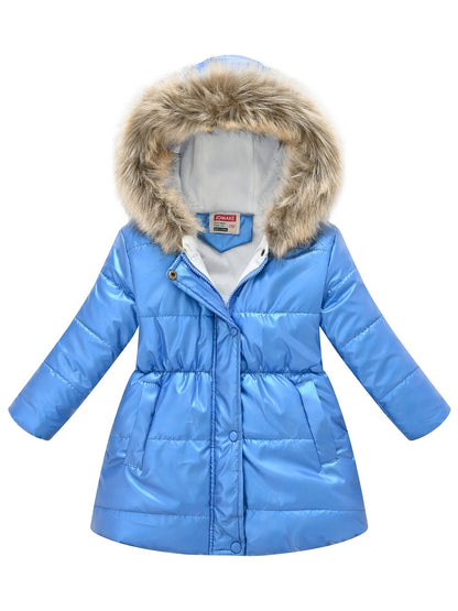 Girls’ Mid-Length Puffer Coat with Faux-Fur Hood (Winter Jacket)