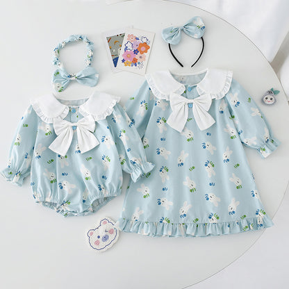 Blue Bunny Print Ruffle Collar Romper and Dress Set with Headband – Baby & Toddler Girl