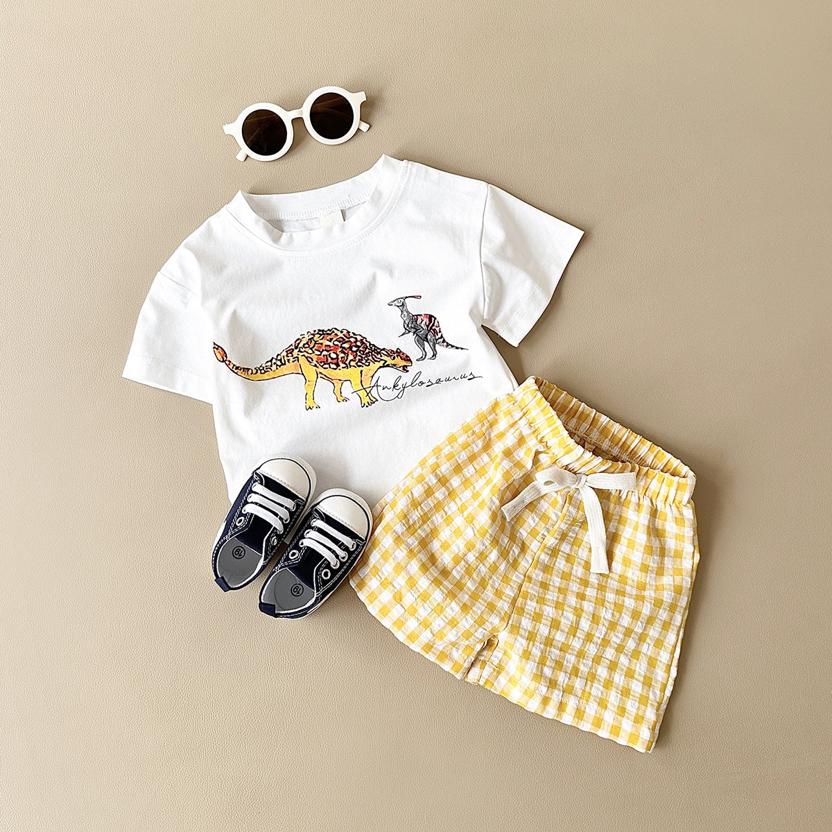 Toddler Boys' Dinosaur Graphic Tee & Gingham Shorts Set – Illustrated Dino Print, Sizes 6 Months–3 Years
