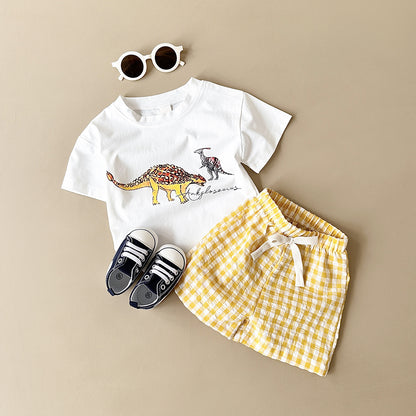 Toddler Boys' Dinosaur Graphic Tee & Gingham Shorts Set – Illustrated Dino Print, Sizes 6 Months–3 Years