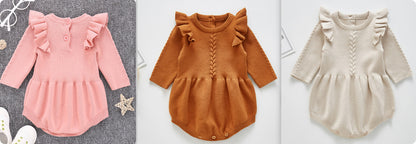Ruffle Knit Baby Girl Romper – Soft Cotton One-Piece with Flutter Sleeves