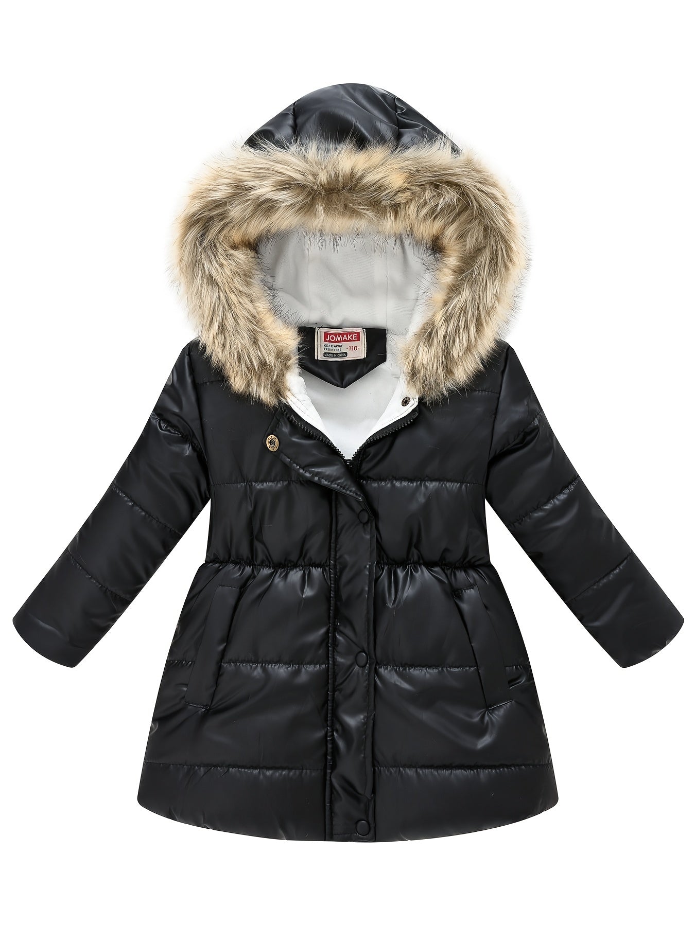 Girls’ Mid-Length Puffer Coat with Faux-Fur Hood (Winter Jacket)